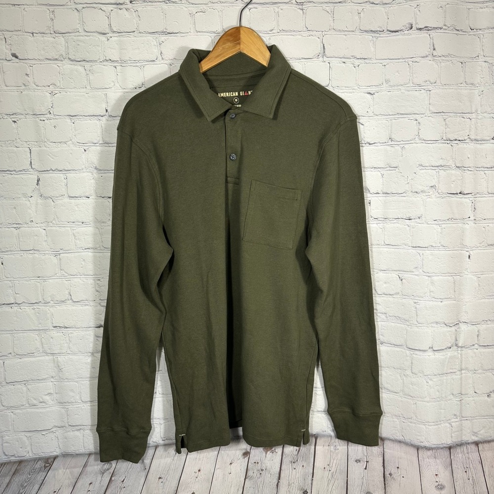 American Giant Mens Long Sleeve Polo Shirt Olive Green Pocket Made in USA M